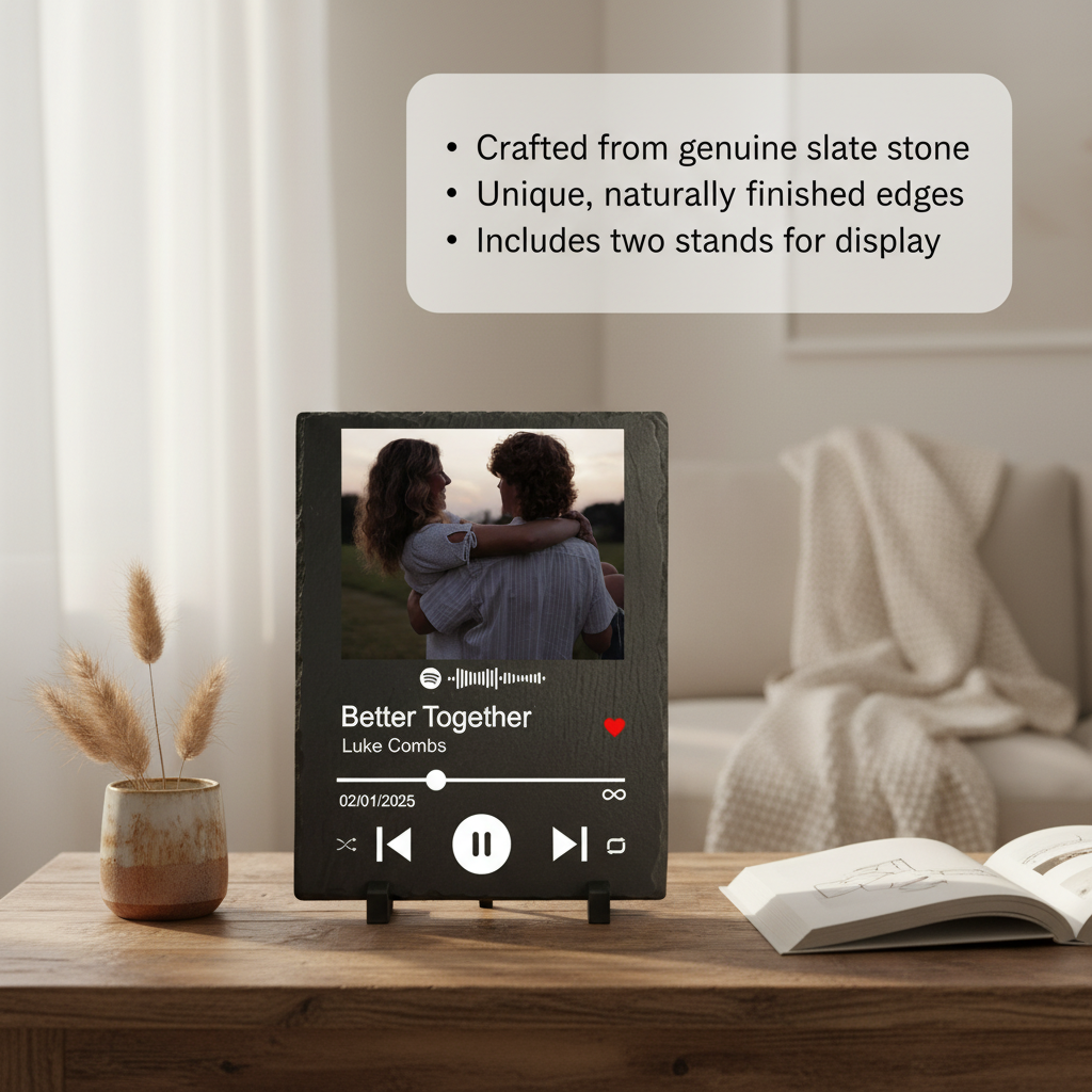 Slate plaque displayed on wooden desk showing sample photo, song title "Better Together" by Luke Combs, and Spotify player controls with two display stands