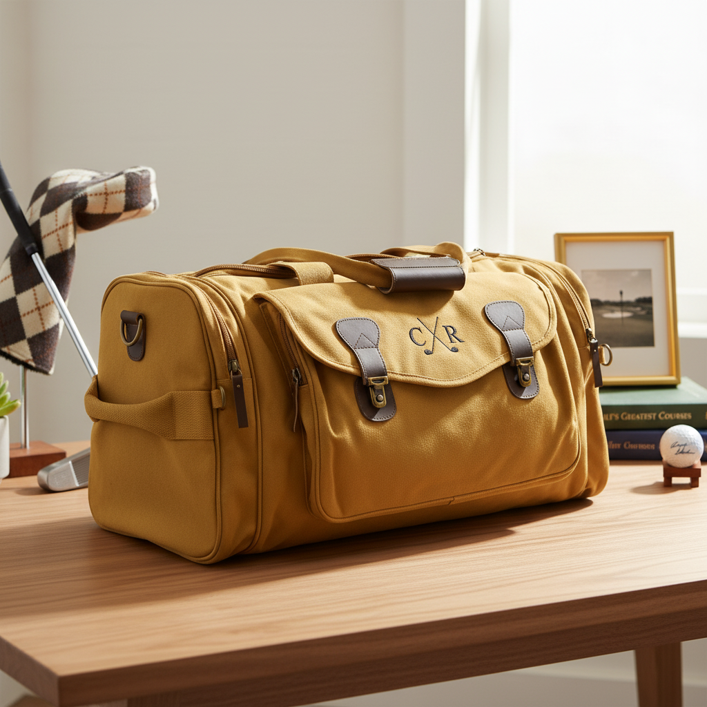 Tan canvas duffle bag with leather handles and trim, personalized with sample monogram "C/R" on front flap, displayed on wooden desk with golf accessories