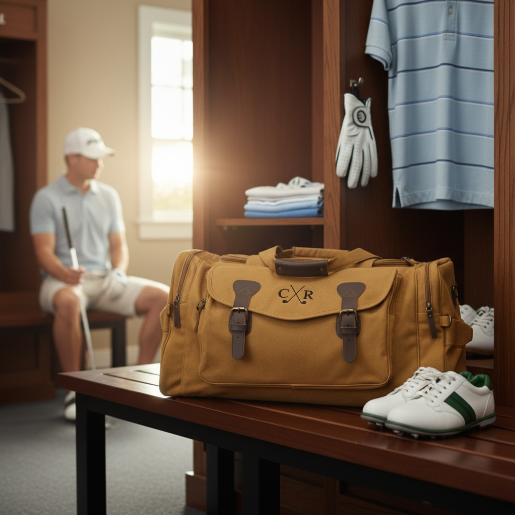 Tan canvas duffle bag with leather handles and sample monogram "CXR" displayed on wooden bench in golf club locker room setting with golf shoes and apparel nearby