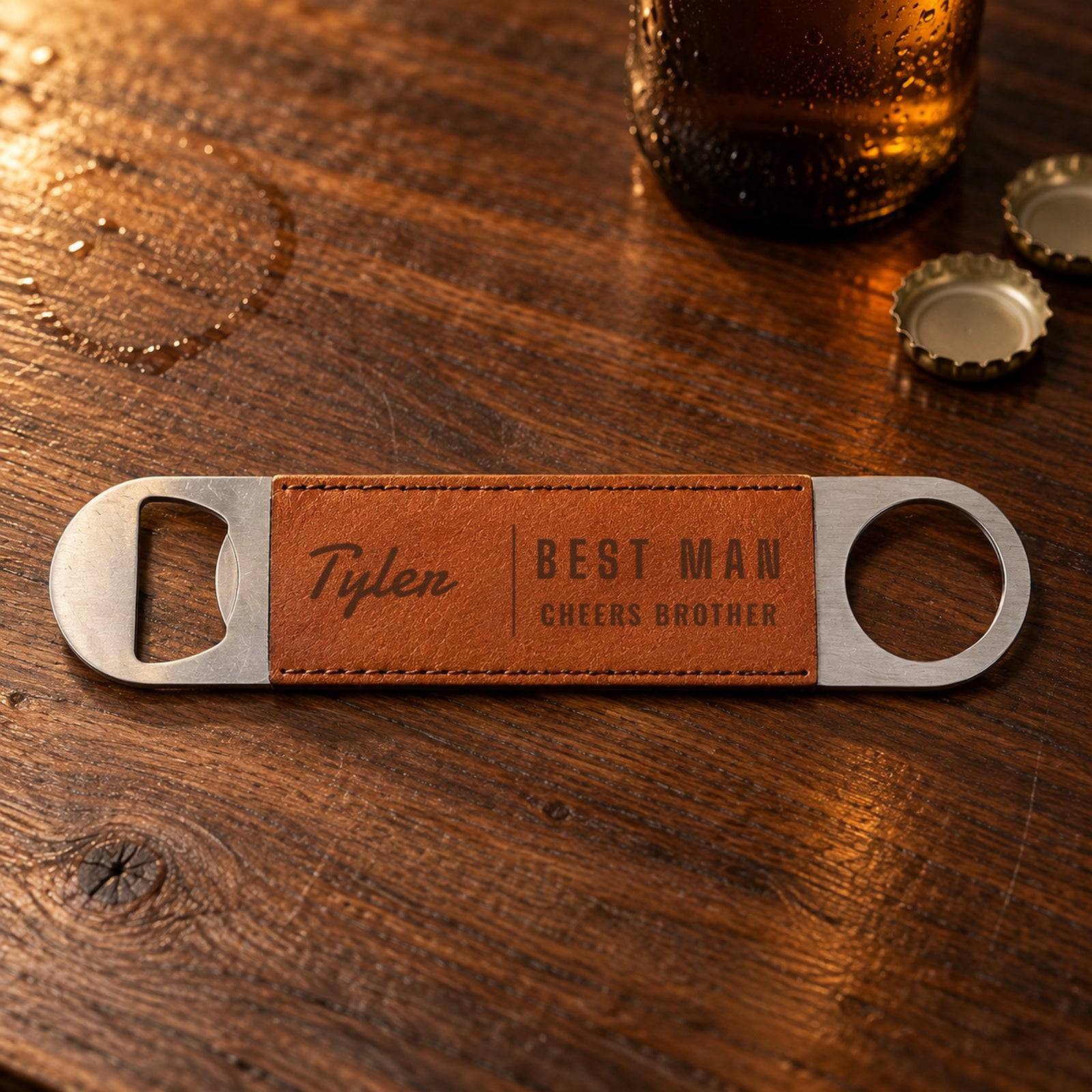 Engraved bar bottle opener from the groomsmen beer set: faux leather sleeve burned with Tyler, Best Man, Cheers Brother