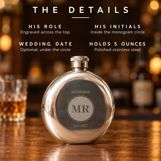 Details of the engraved silver hip flask: his role across the top, two initials inside the monogram circle, an optional wedding date and a 5 ounce capacity.