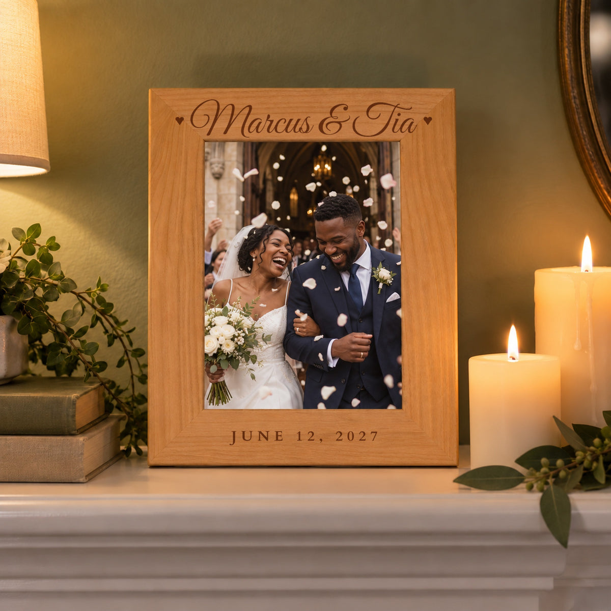 Engraved wedding photo frame reading Marcus & Tia and June 12, 2027 with a church exit photo, on a mantel between candles and greenery