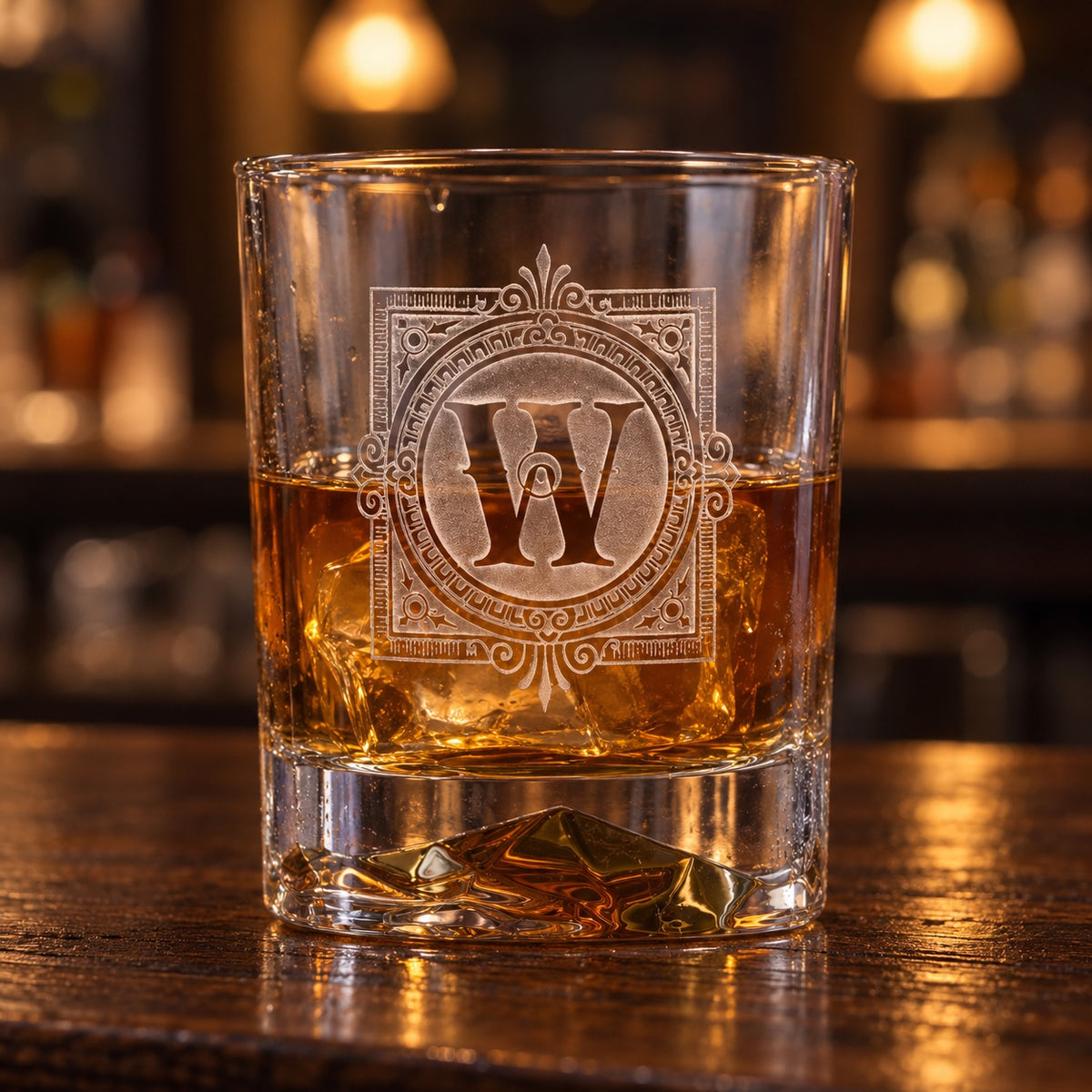 Engraved whiskey glass in Italian Bormioli crystal with bourbon and one big ice cube, sand-carved with an ornate frame and the initial W