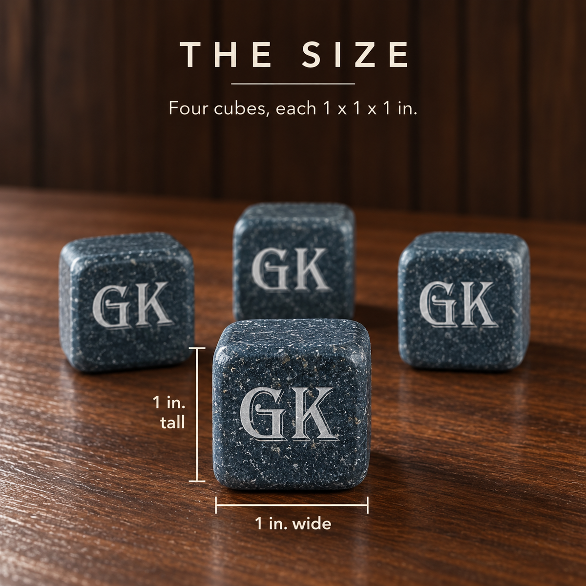 Size of the engraved whiskey stones: four cubes, each 1 by 1 by 1 inch, laser engraved GK, custom whiskey stones for groomsmen