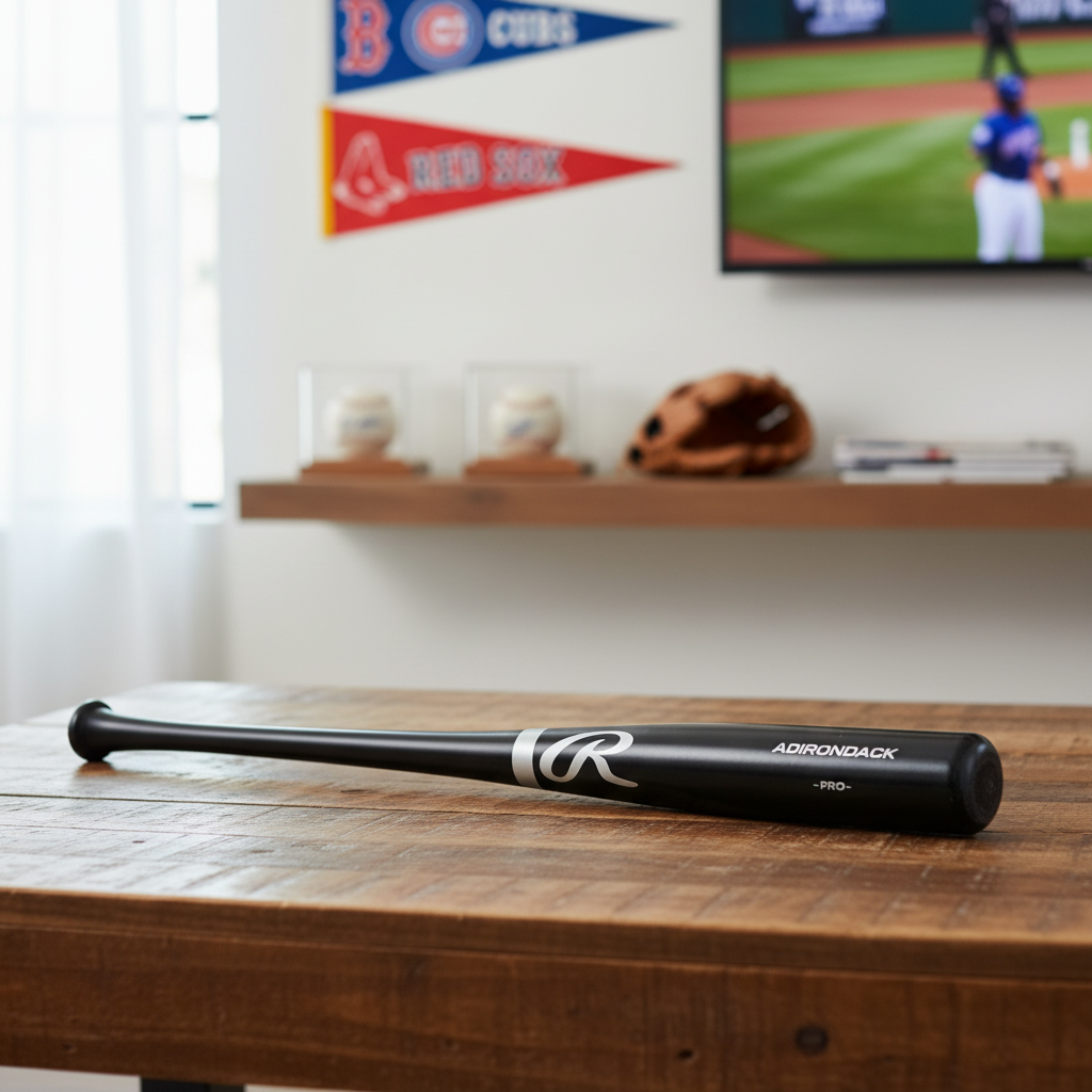 Black Rawlings baseball bat with silver Rawlings logo displayed on wooden table in sports-themed room with pennants and baseball glove on shelf.