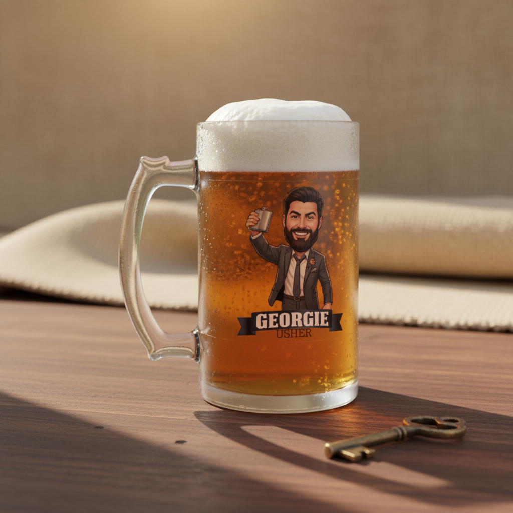 Frosted glass beer mug filled with amber liquid and topped with foam head, featuring sample caricature illustration of a man in business attire labeled "GEORGIE USHER