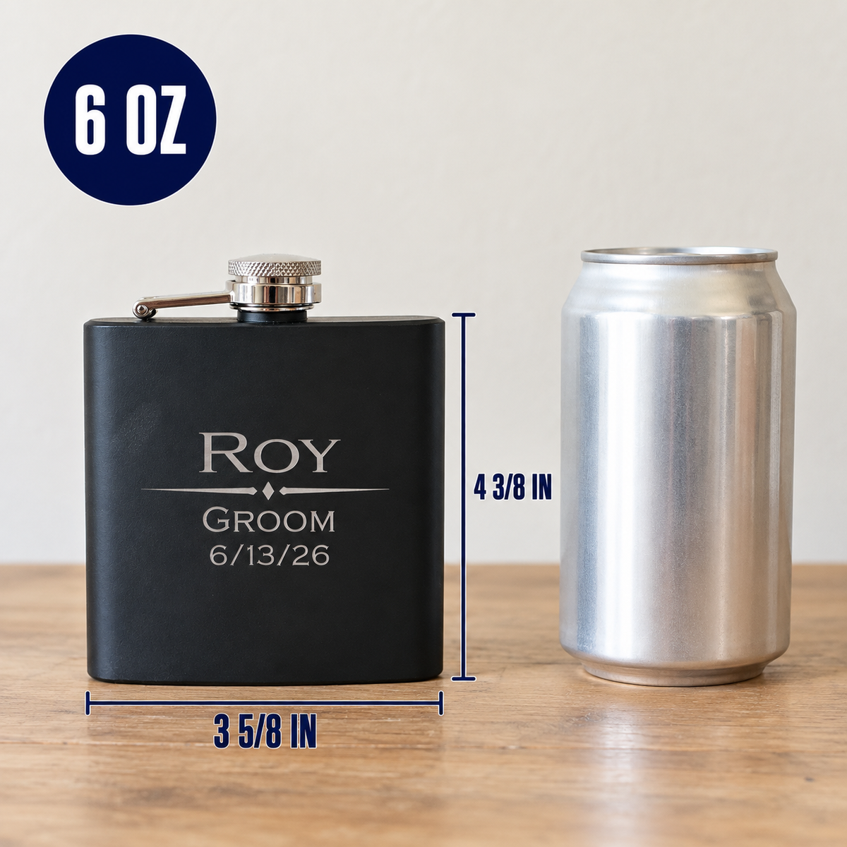 Tin Diesel matte black flask beside a plain 12 oz can, with lines marking it 4 3/8 inches tall and 3 5/8 inches wide and a badge noting it holds 6 oz