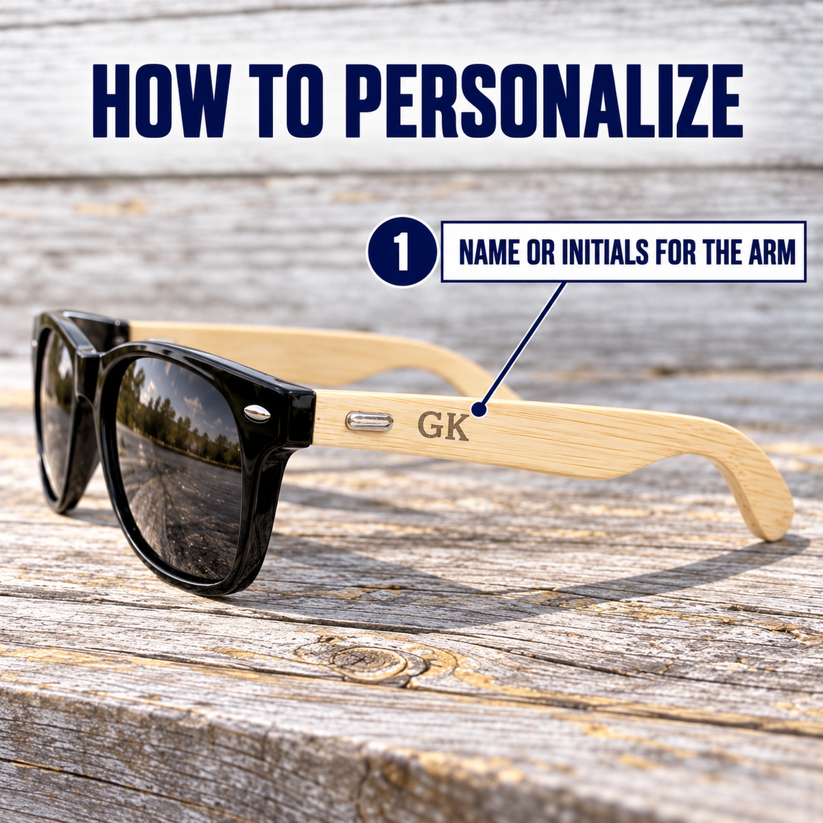 How to personalize the Shady Squad sunglasses: numbered guide showing the initials GK engraved on the wood grain arm near the hinge