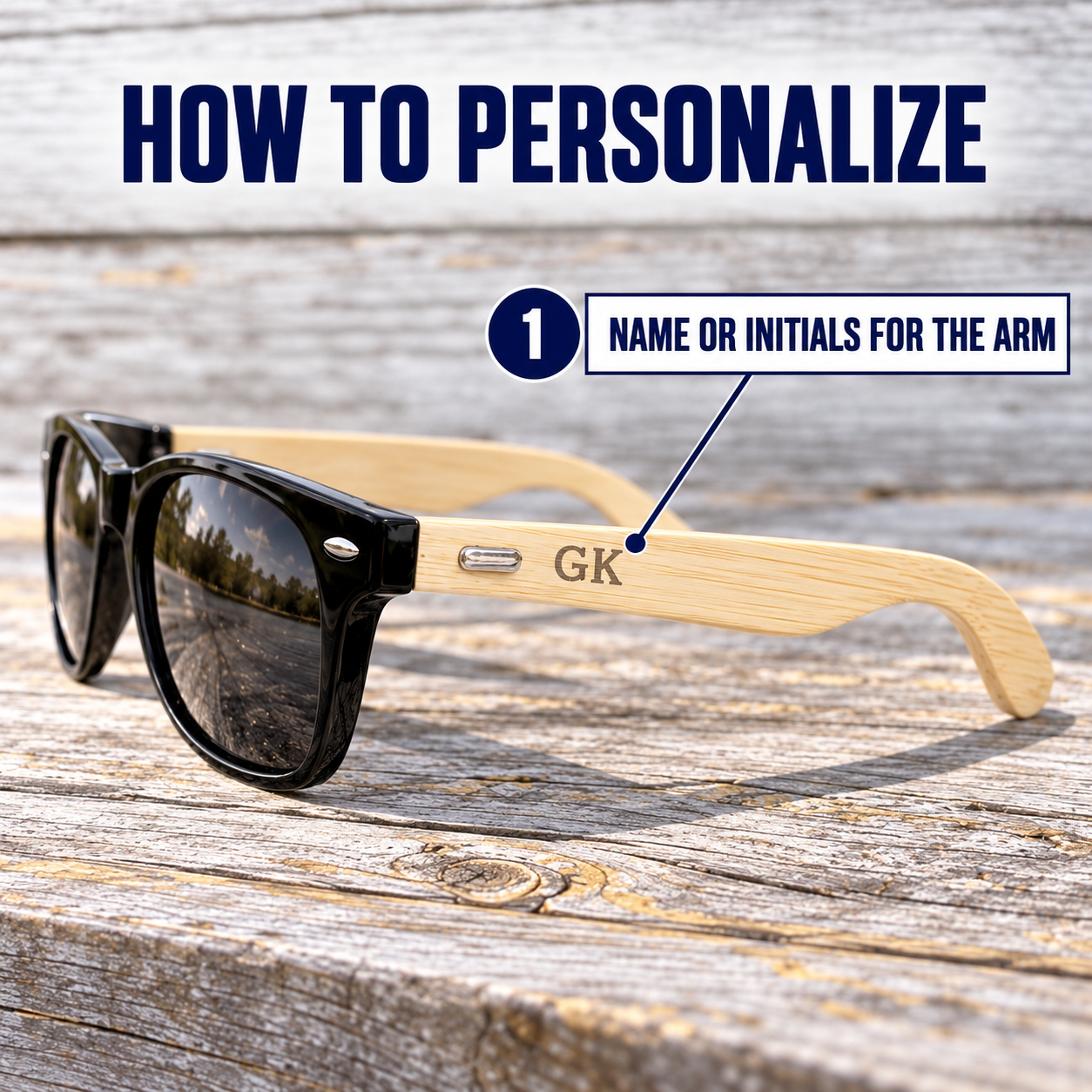 How to personalize the Shady Squad sunglasses: numbered guide showing the initials GK engraved on the wood grain arm near the hinge