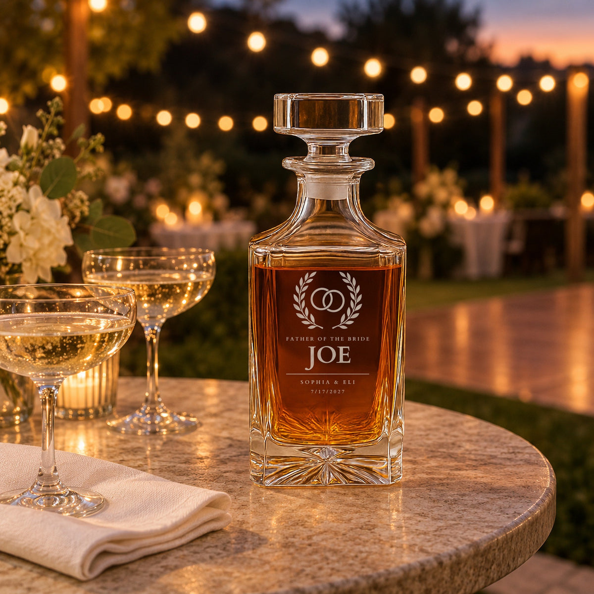 Father of the bride whiskey decanter on a terrace table at the wedding reception, engraved Joe with Sophia and Eli and 7/17/2027, beside two champagne coupes