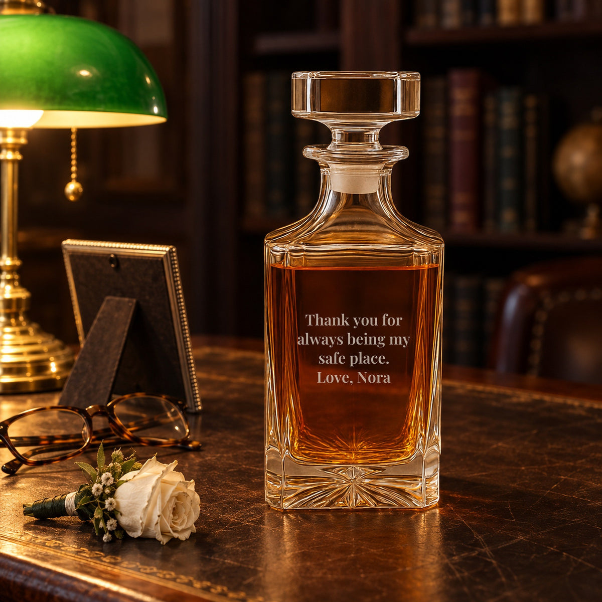 Gift for the father of the bride from his daughter on his study desk after the wedding, the decanter back engraved Thank you for always being my safe place
