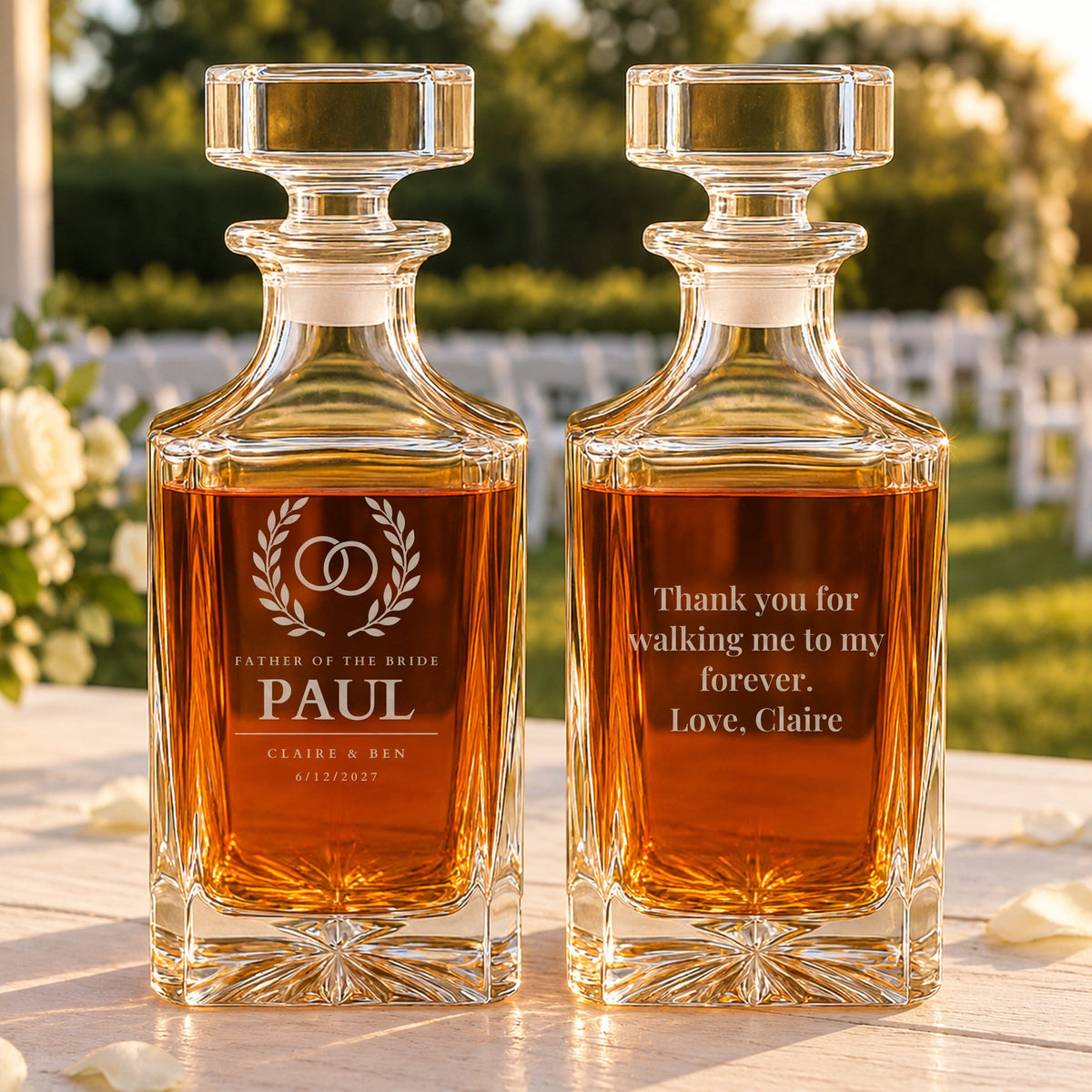 Father of the bride gift: two whiskey decanters on a white table at a garden wedding, one front engraved Paul, the other back engraved with a note from Claire