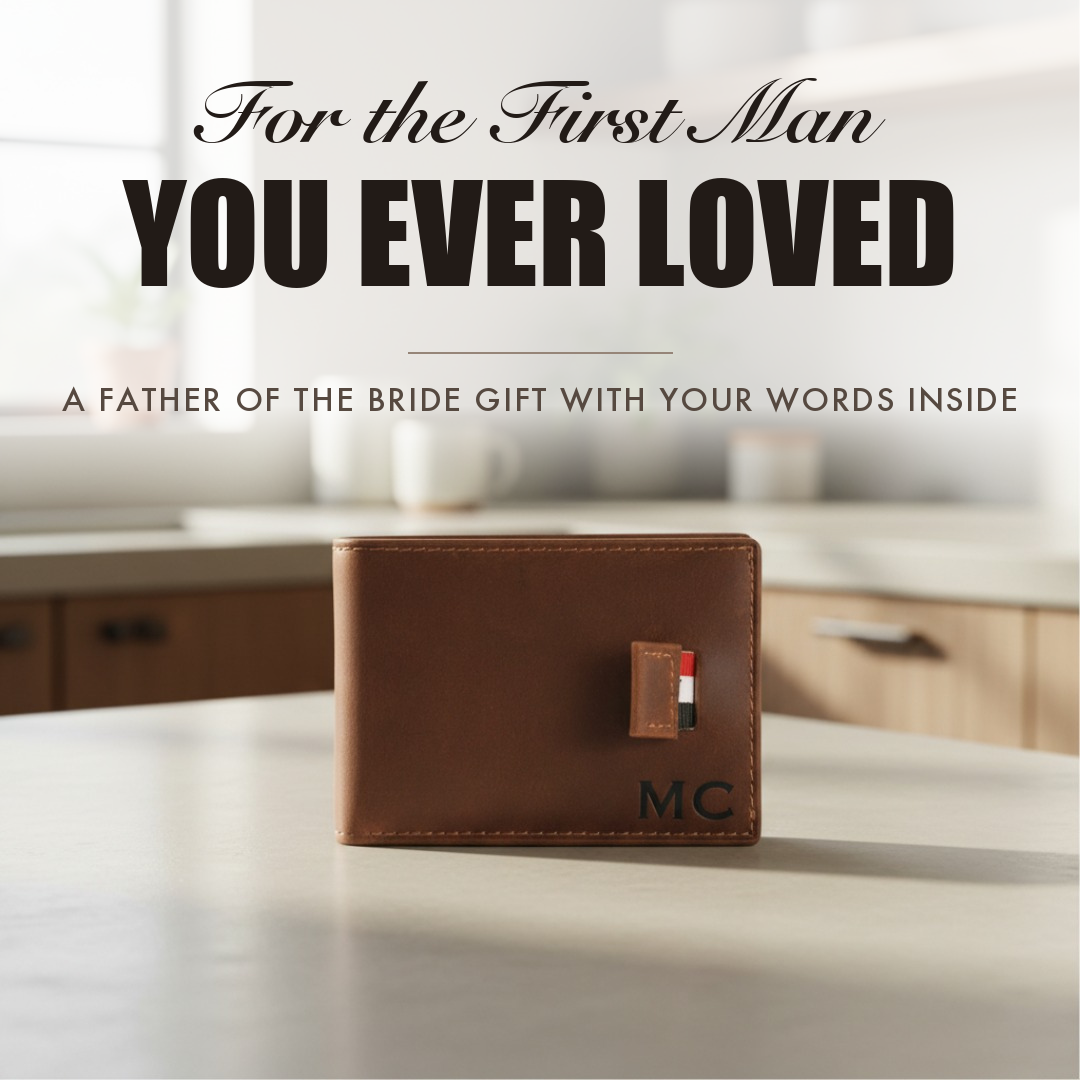 Brown leather bifold wallet engraved with initials, captioned For the First Man You Ever Loved, shown as a father of the bride gift.
