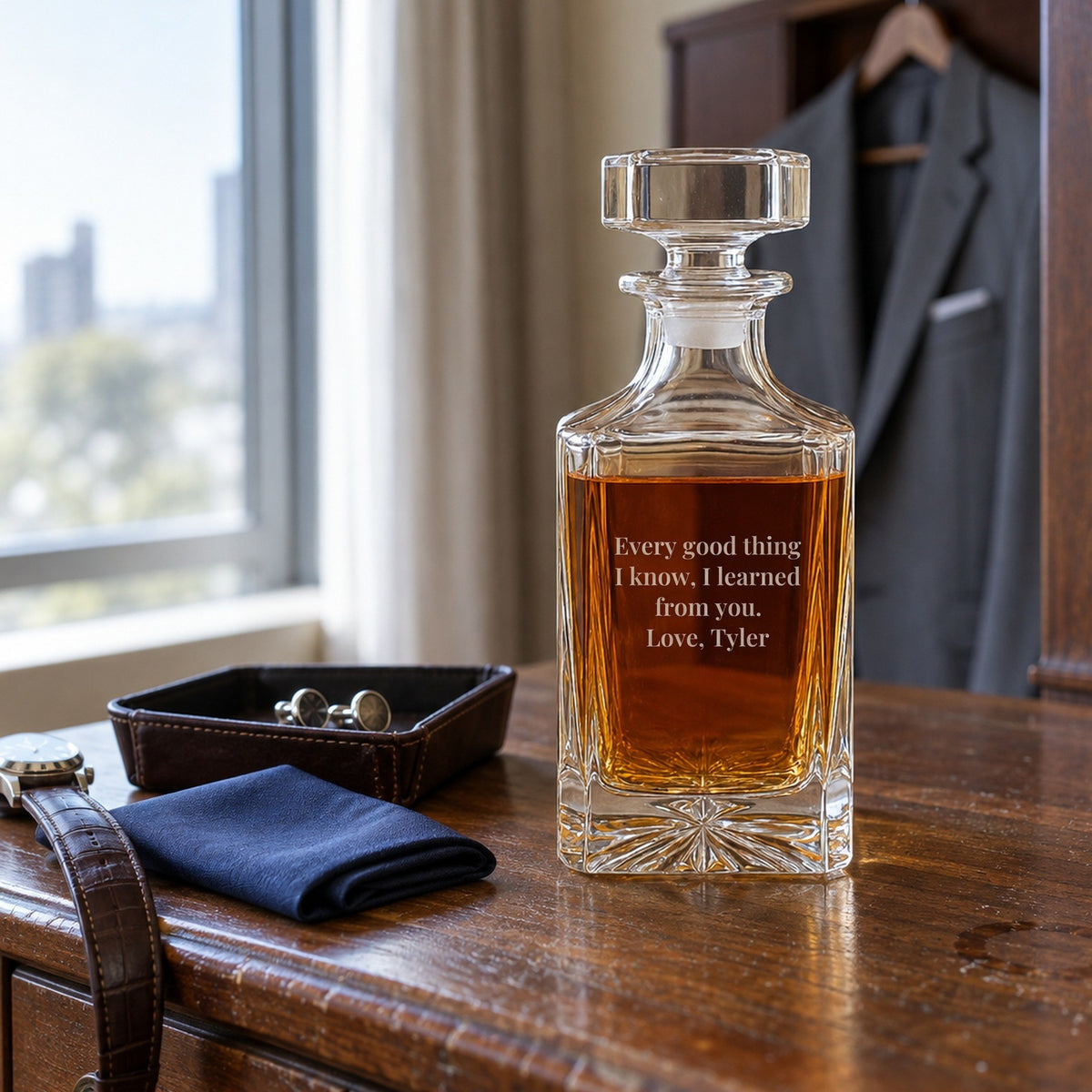 Wedding morning gift for the father of the groom on his dresser beside cufflinks, the decanter back engraved Every good thing I know, I learned from you