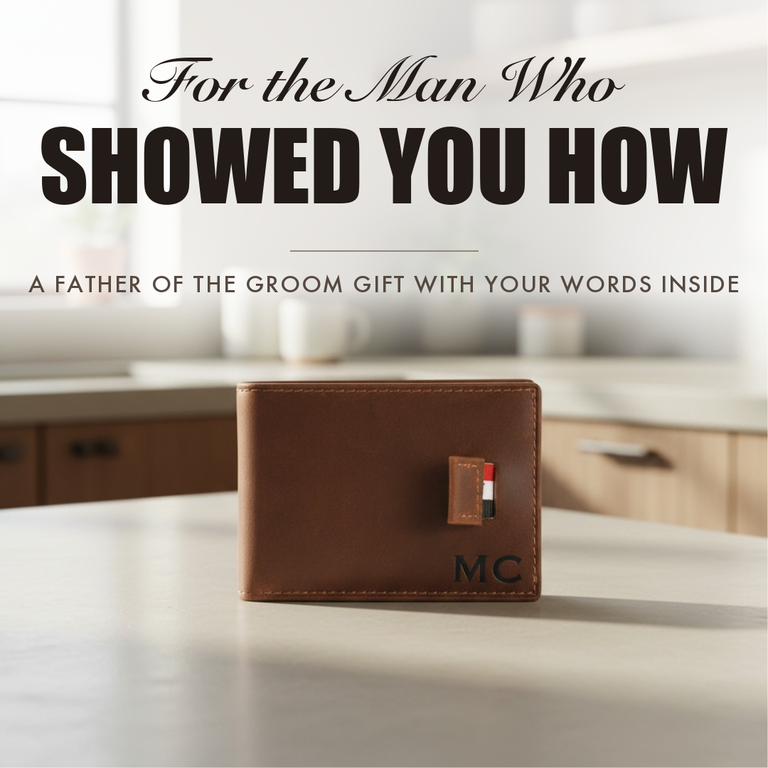 Brown leather bifold wallet engraved with initials, captioned For the Man Who Showed You How, shown as a father of the groom gift.