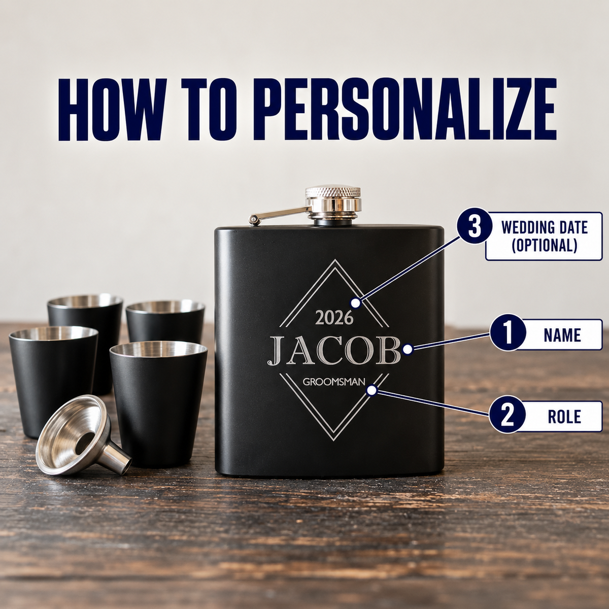 How to personalize the Sharp Shooters flask set: numbered guide showing where the name JACOB, the role GROOMSMAN and the optional wedding date 2026 appear