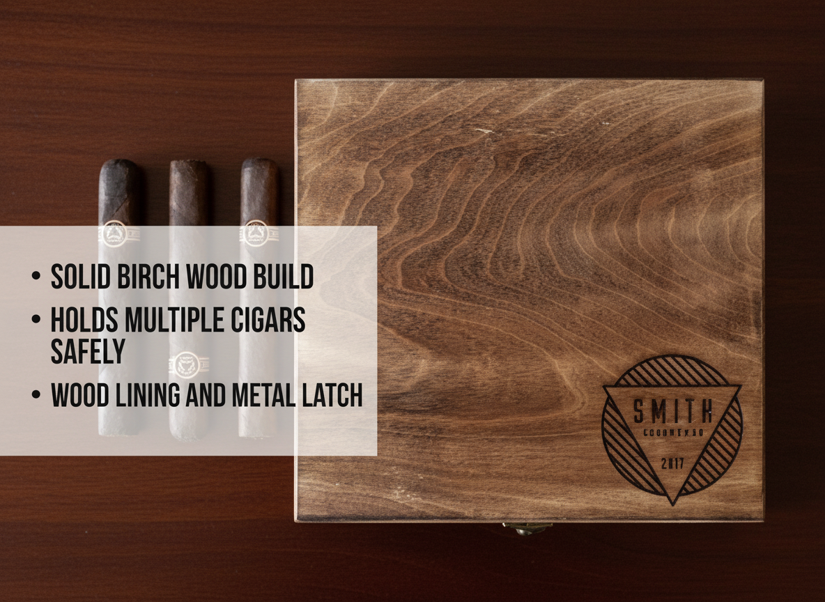 Walnut cigar box with laser-engraved sample design reading "SMITH COUNTRY 2017" in decorative badge, shown open from above displaying wood grain interior