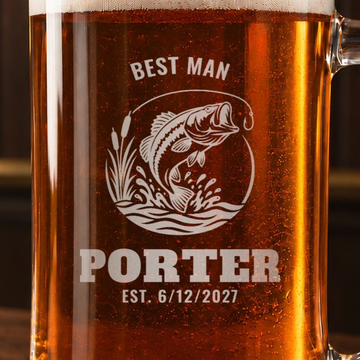 Close-up of the frosted engraving on the fishing beer stein, a leaping largemouth bass: Best Man, Porter, Est. 6/12/2027