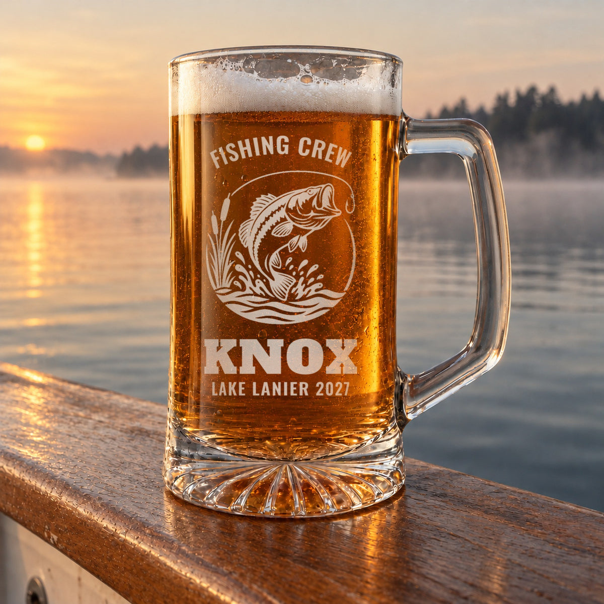 Personalized fishing beer stein in a real setting, engraved with a leaping largemouth bass: Fishing Crew, Knox, Lake Lanier 2027