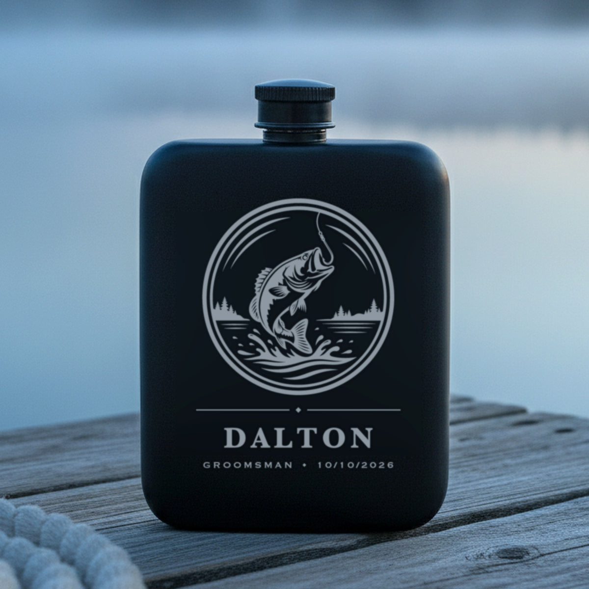 Personalized bass engraved flask standing on the weathered boards of a lake dock at first light with mist over flat water.
