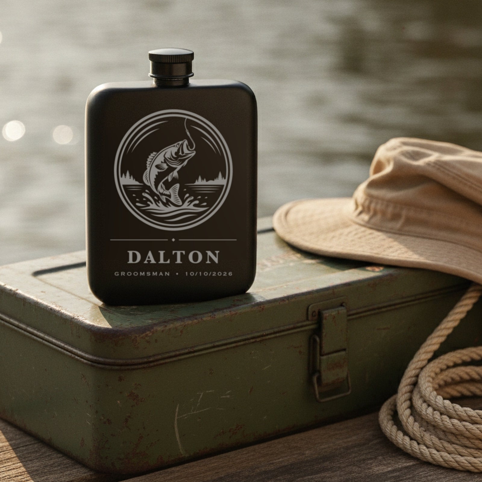 Personalized fishing groomsmen flask on the lid of a worn green tackle box beside a canvas hat and a coil of rope.