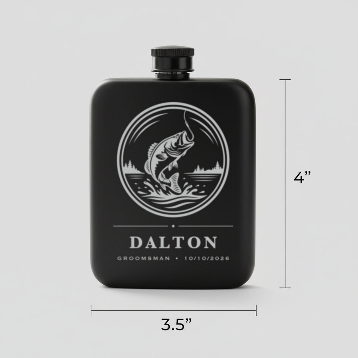 Size guide for the personalized fishing groomsmen flask, 3.5 inches wide by 4 inches tall, holding 6 ounces of whiskey.