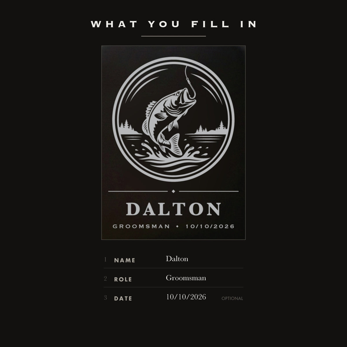 The three personalization fields on the fishing flask, his name, his wedding role and an optional wedding date.