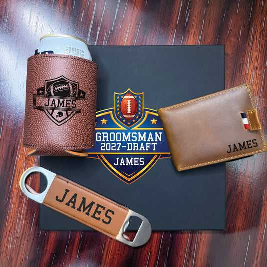 Personalized groomsmen draft gift set laid out on dark wood with the full colour football draft shield showing the wedding role, draft year and the name James.
