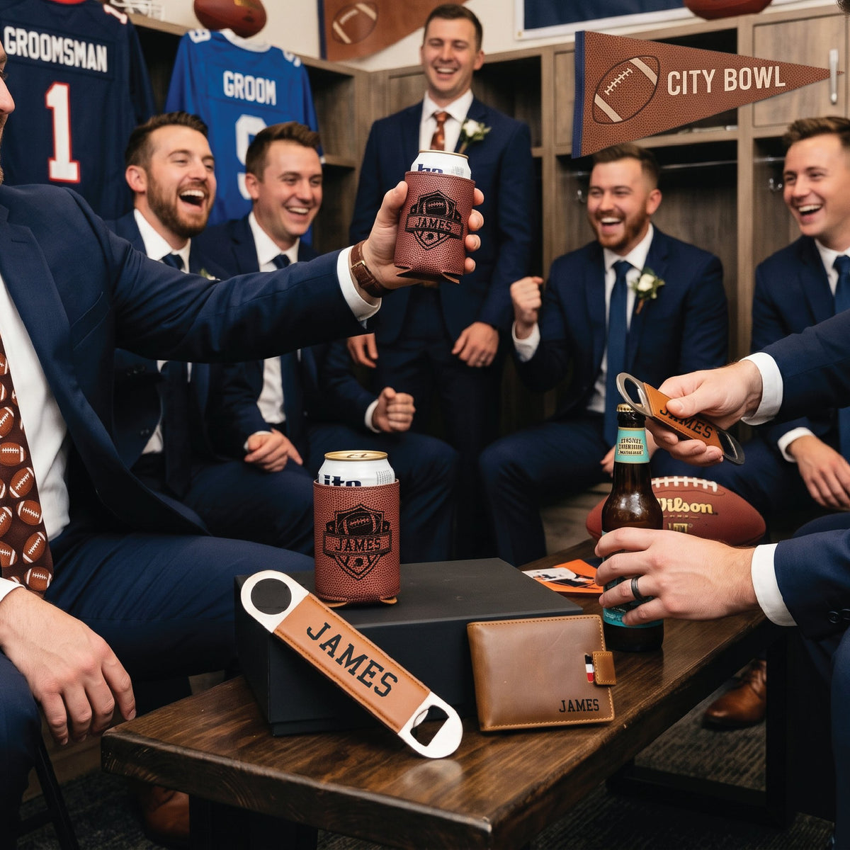 Groomsmen in navy suits raising their personalized football can coolers together, with the engraved wallet and bottle opener from the draft proposal box on the table.