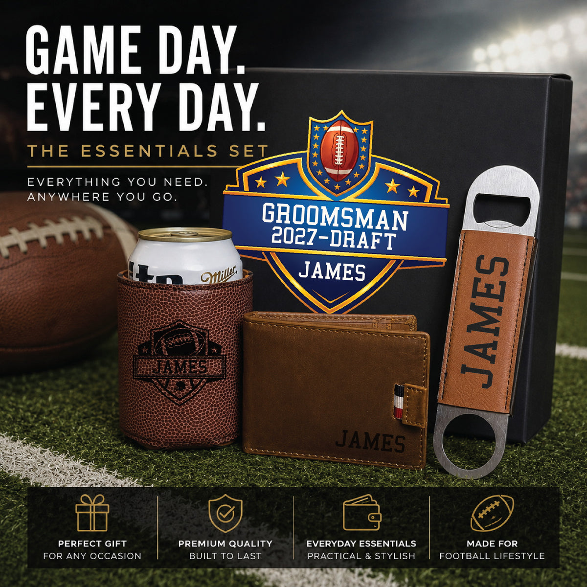 Football draft groomsmen gift set styled on a field, showing the engraved can cooler, leather wallet and bottle opener beside the printed draft day gift box.