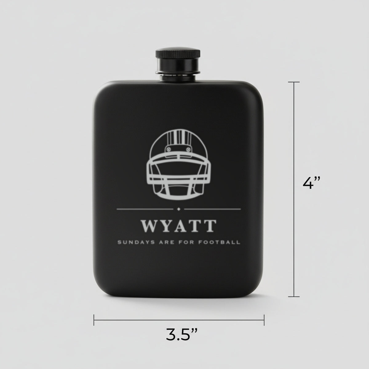 Size guide for the football groomsmen flask reading Sundays Are For Football, 3.5 inches wide by 4 inches tall, holding 6 ounces.