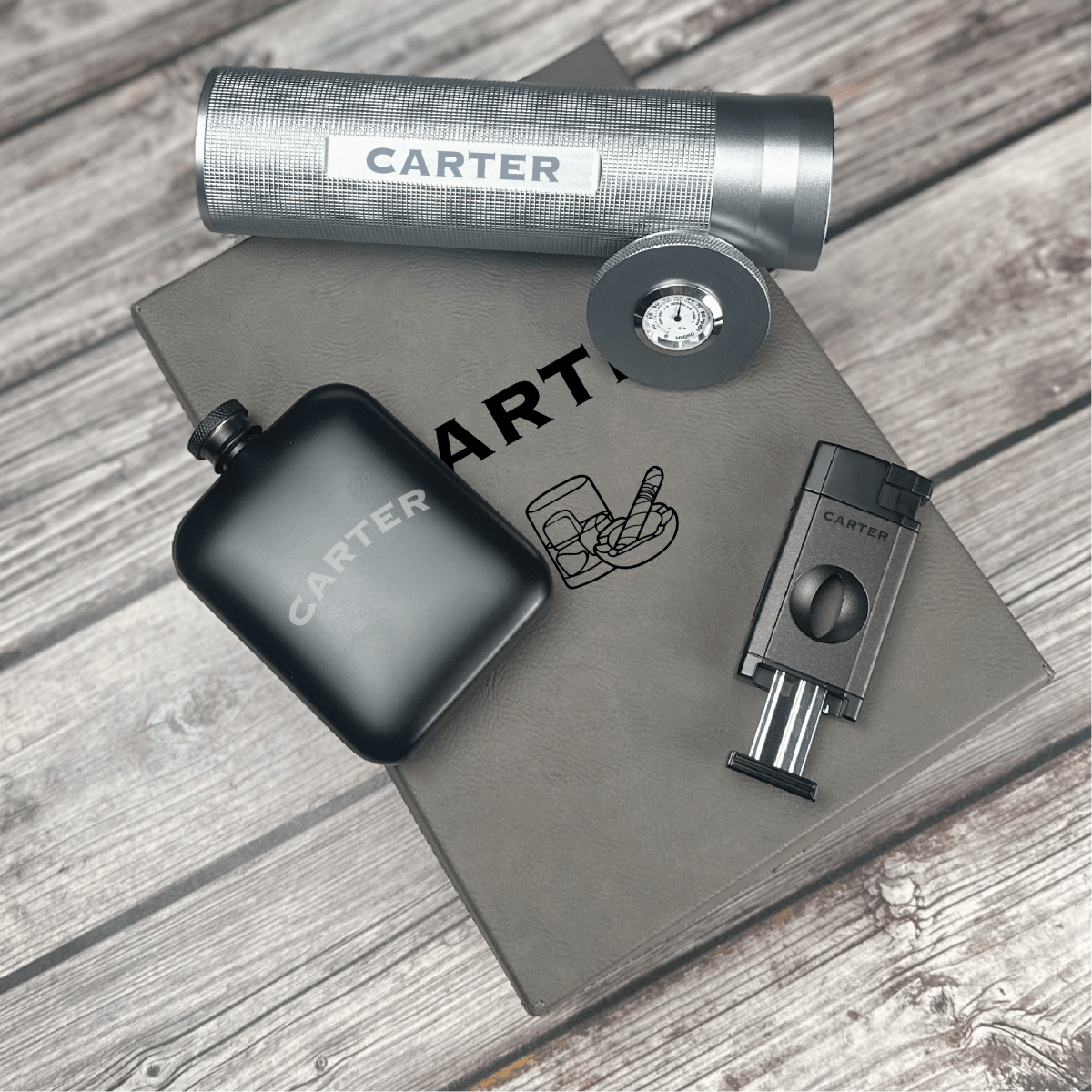 Luxury Personalized Humidor, Flask & Lighter Cigar Set 
