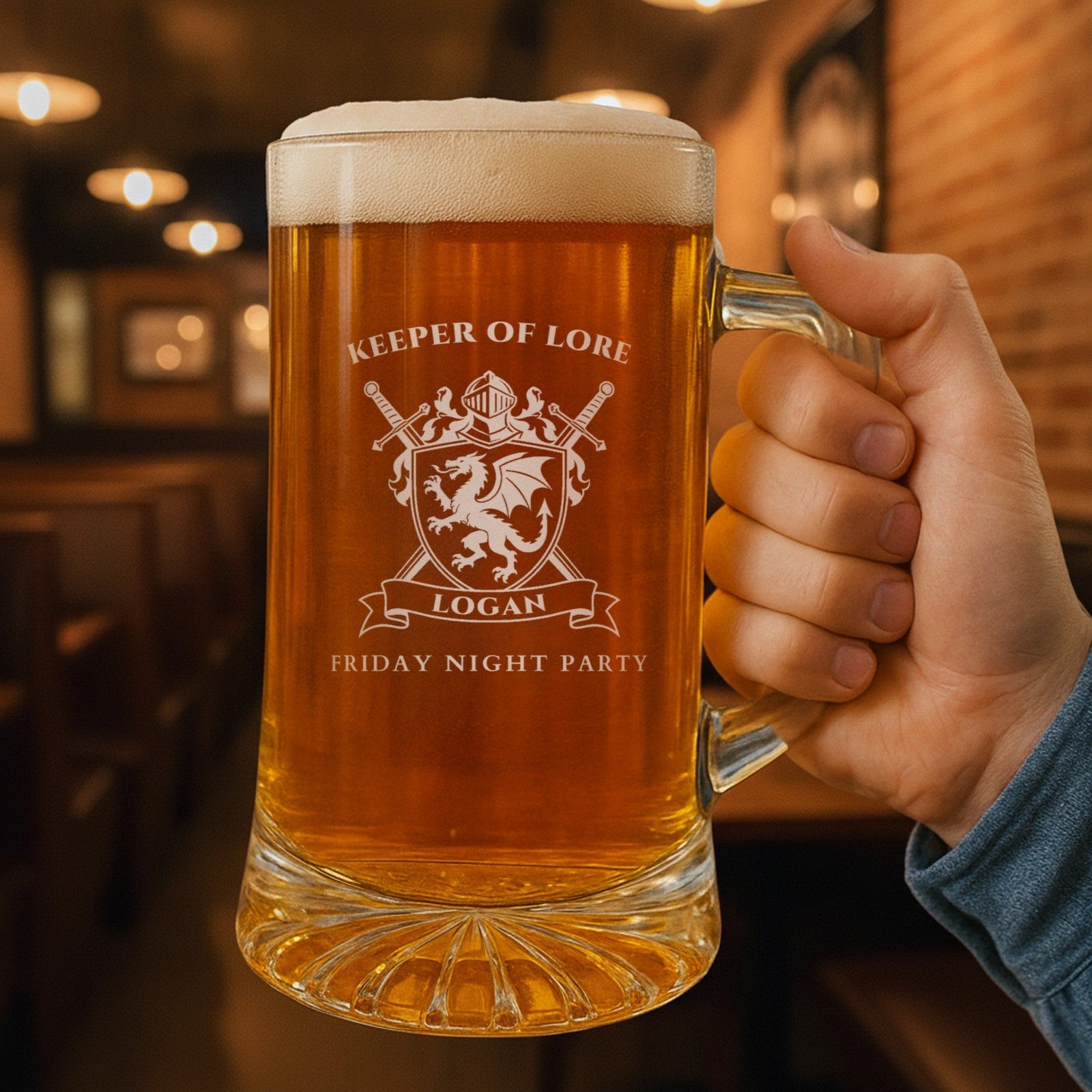 Groomsman holding the dragon crest beer mug in a pub, engraved KEEPER OF LORE above the shield with LOGAN on the banner and FRIDAY NIGHT PARTY underneath