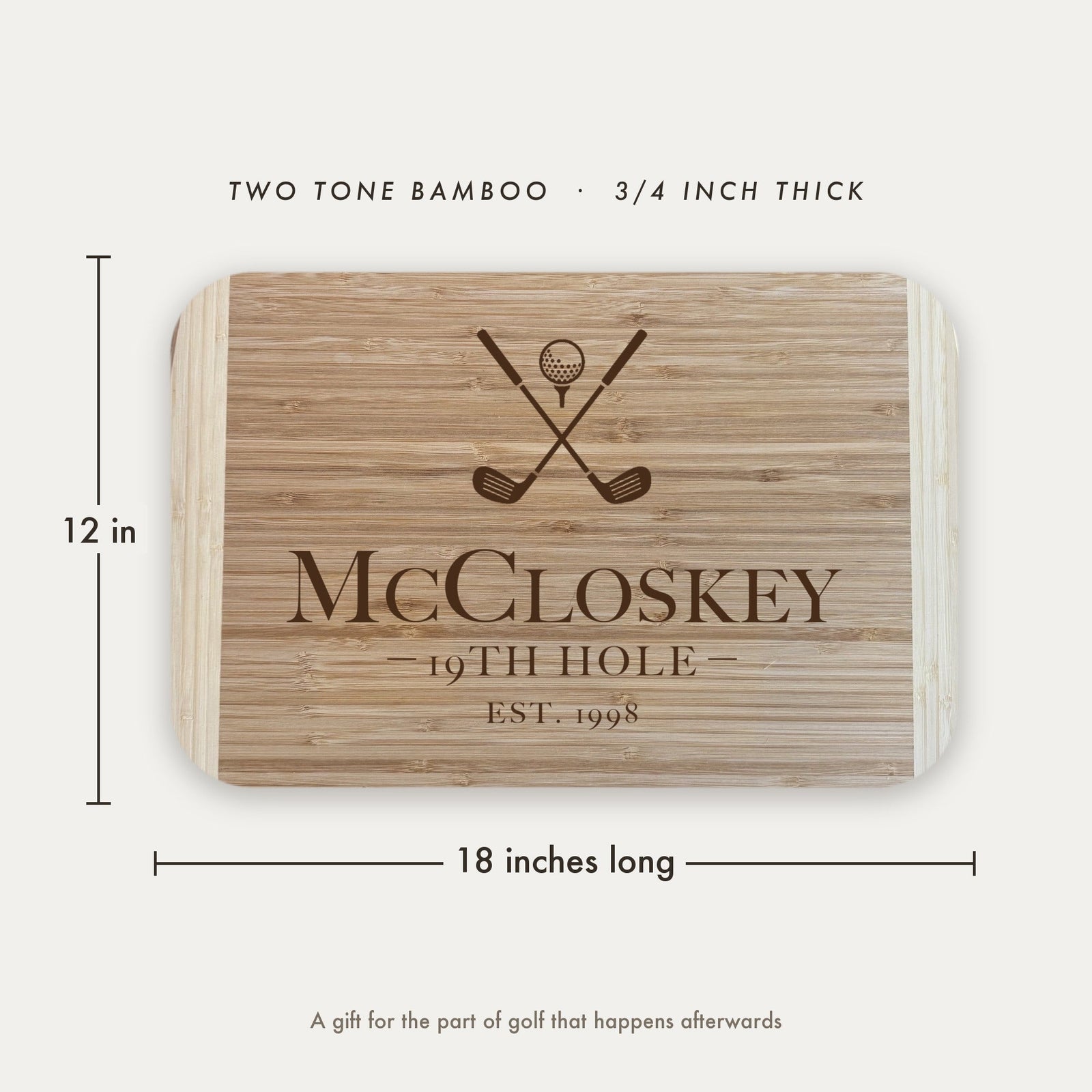Dimension diagram of the 19th Hole golf groomsman cutting board showing 18 inches long by 12 inches wide, in two tone bamboo three quarters of an inch thick.