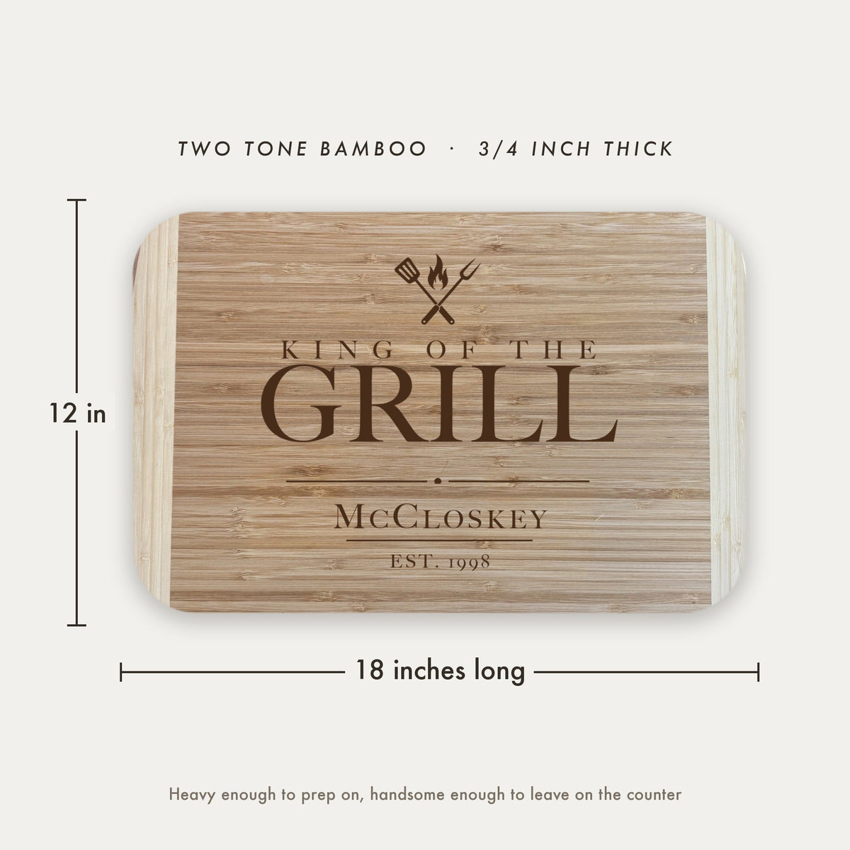 Dimension diagram of the King of the Grill cutting board for dad showing 18 inches long by 12 inches wide, in two tone bamboo three quarters of an inch thick.