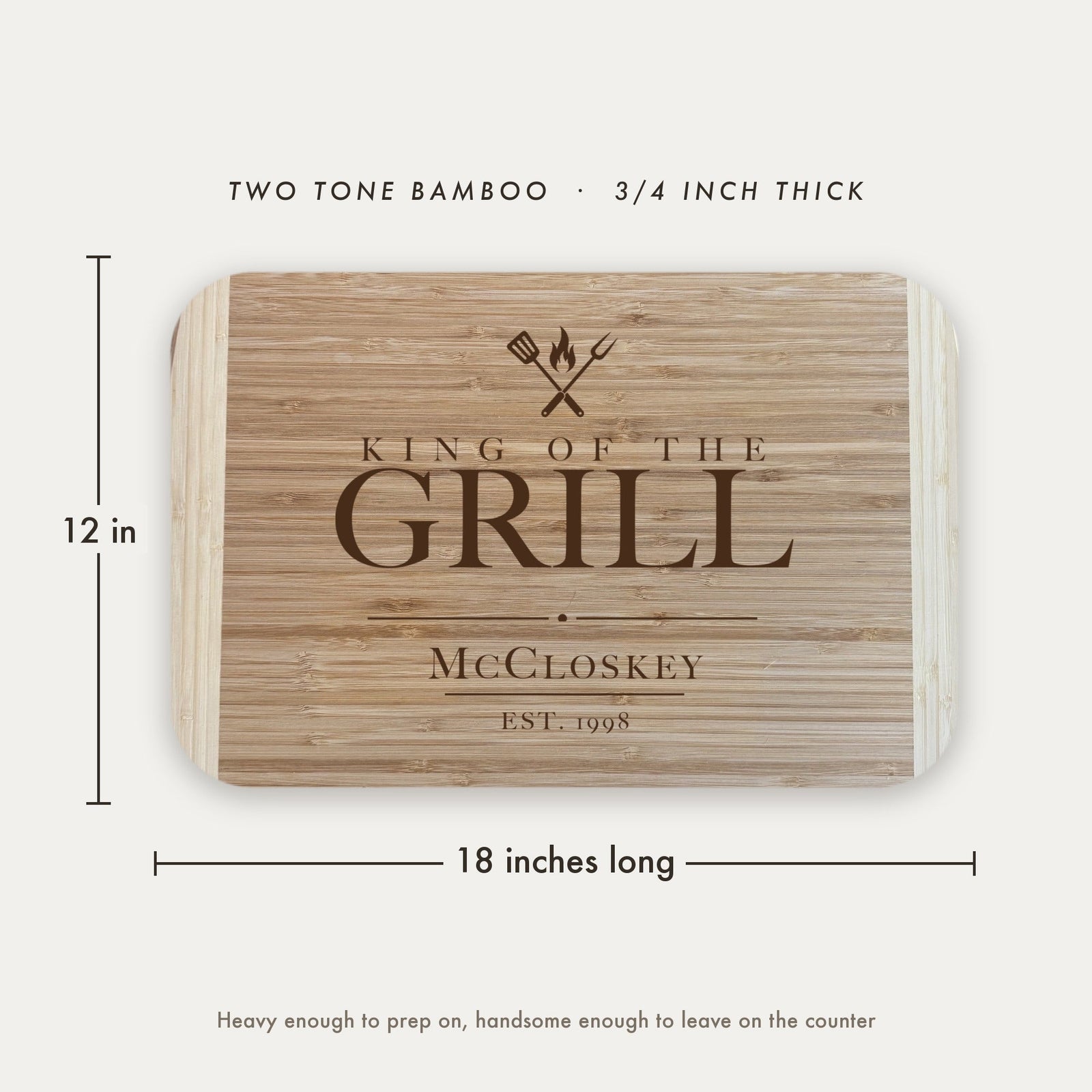 Dimension diagram of the King of the Grill cutting board for dad showing 18 inches long by 12 inches wide, in two tone bamboo three quarters of an inch thick.