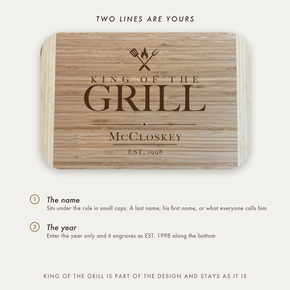 Personalization guide for the King of the Grill father of the groom cutting board showing the two lines you fill in, his name in small caps and the year.
