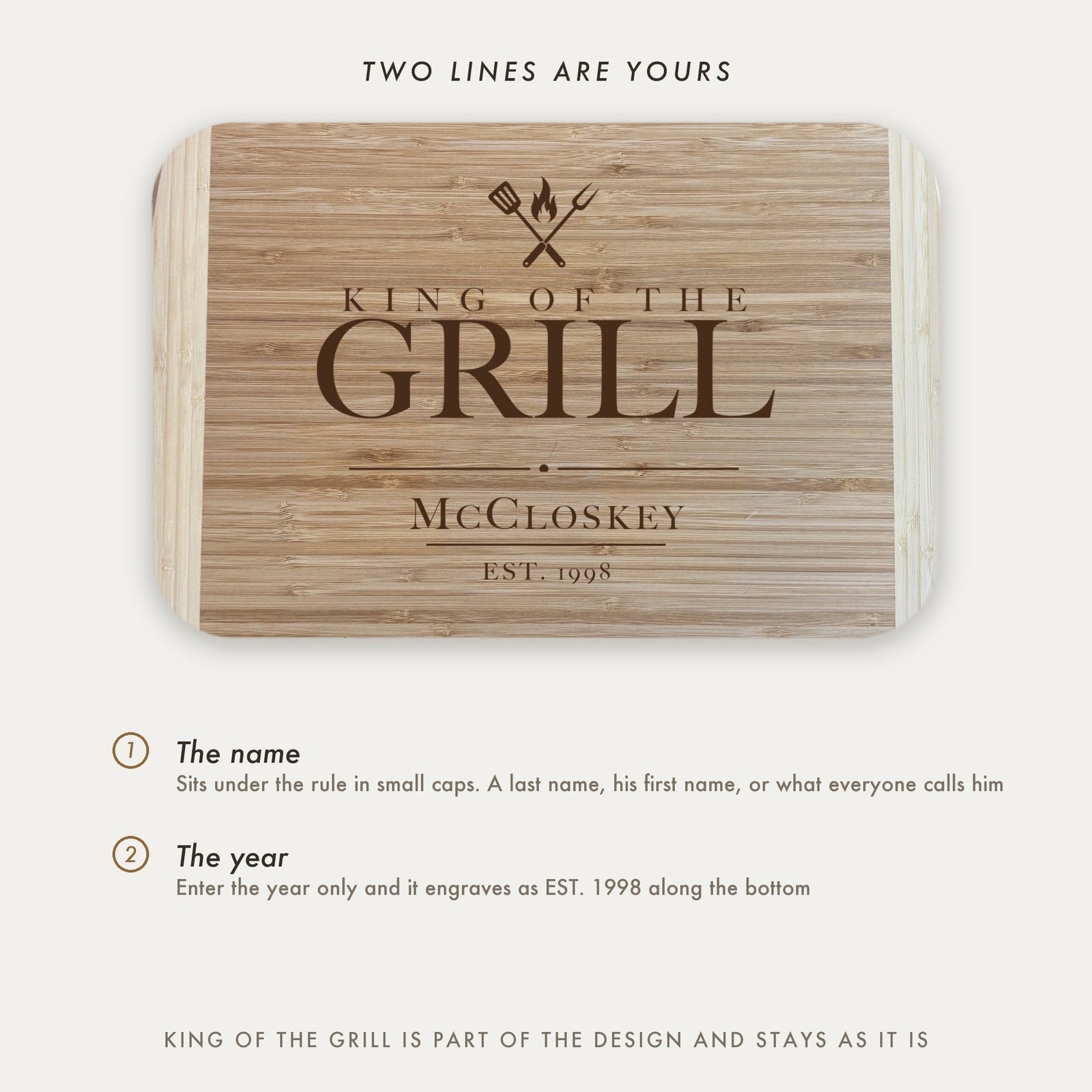 Personalization guide for the King of the Grill father of the groom cutting board showing the two lines you fill in, his name in small caps and the year.
