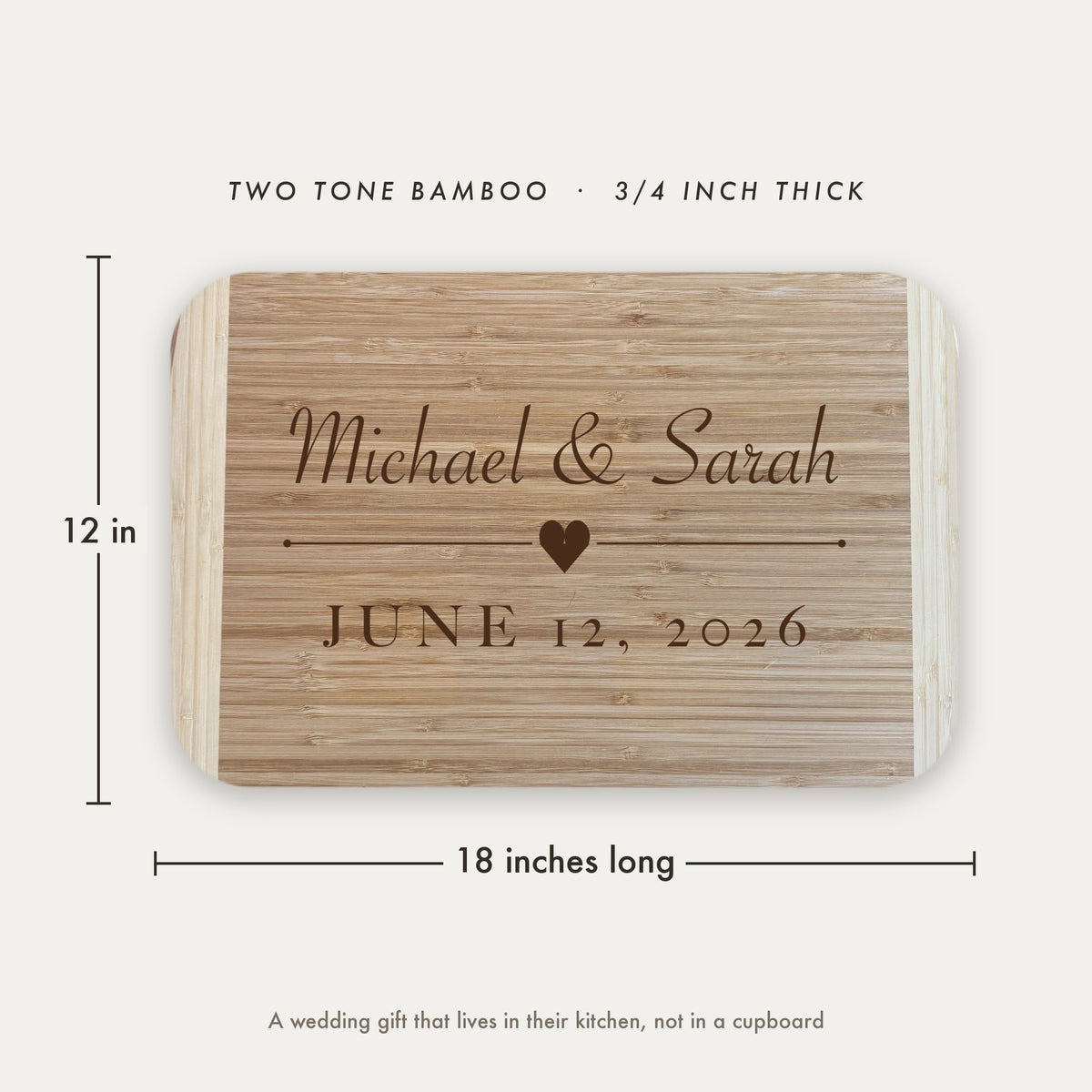 Dimension diagram of the wedding gift cutting board for couples showing 18 inches long by 12 inches wide, in two tone bamboo three quarters of an inch thick.
