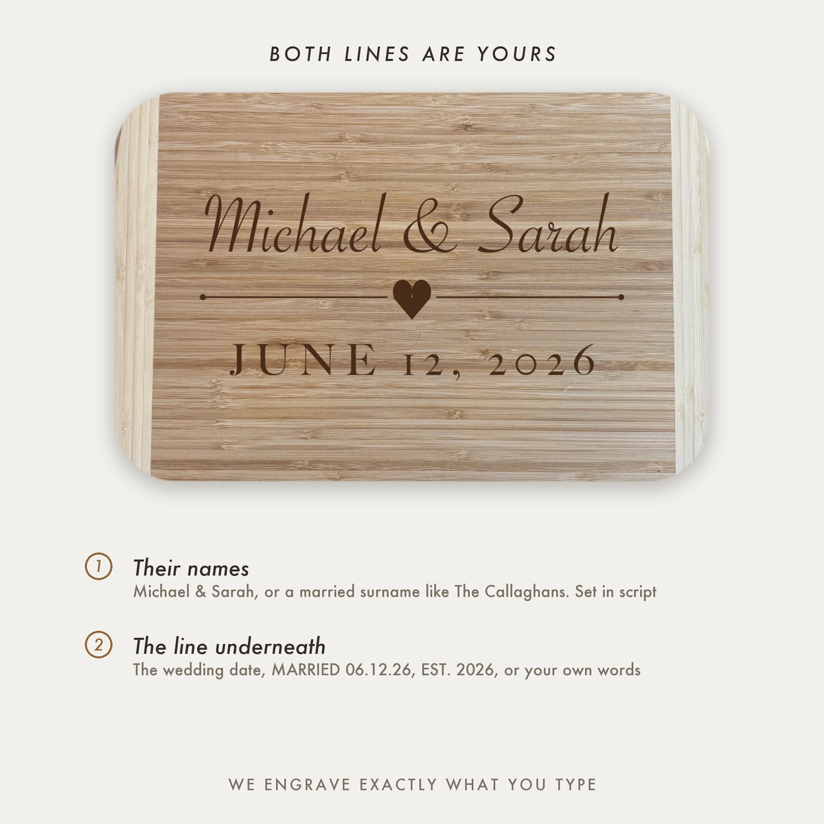 Personalization guide for the wedding cutting board showing the two engraved lines, the couple names in script and the free line underneath.