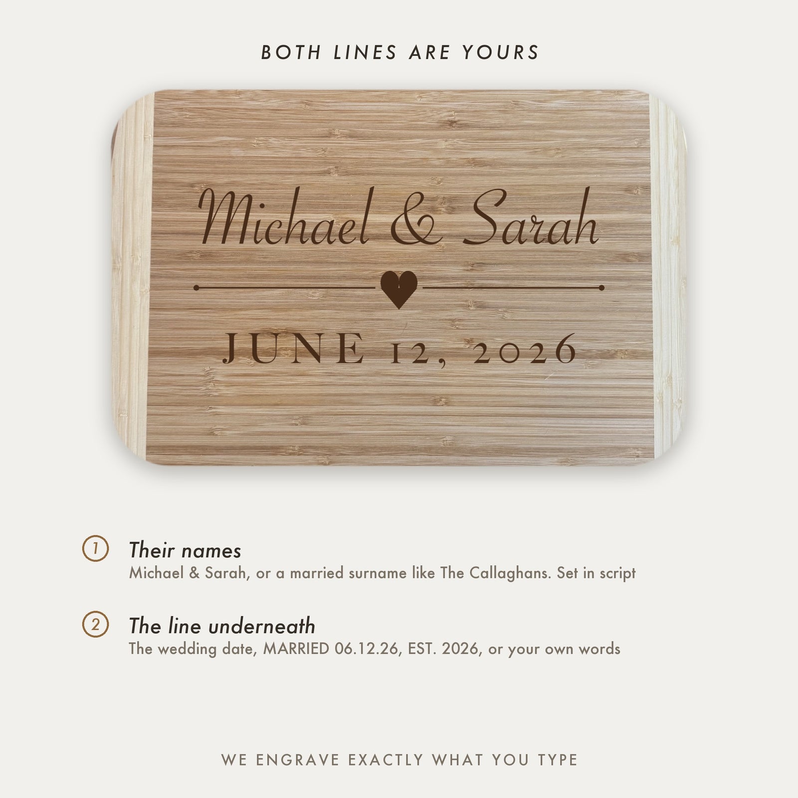 Personalization guide for the wedding cutting board showing the two engraved lines, the couple names in script and the free line underneath.