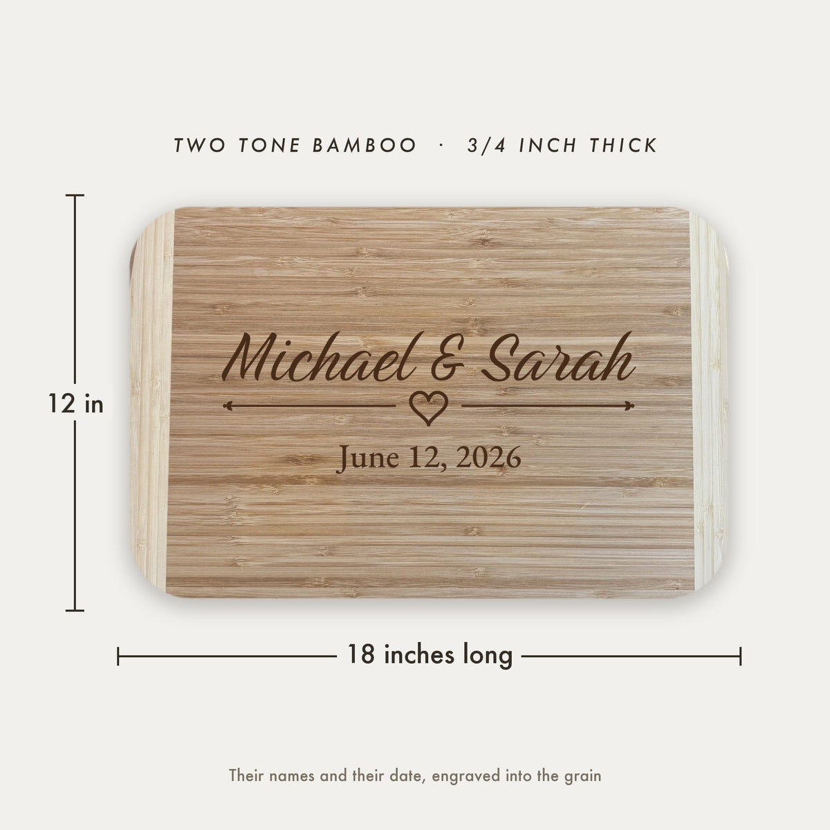 Dimension diagram of the wedding gift cutting board for couples showing 18 inches long by 12 inches wide, in two tone bamboo three quarters of an inch thick.