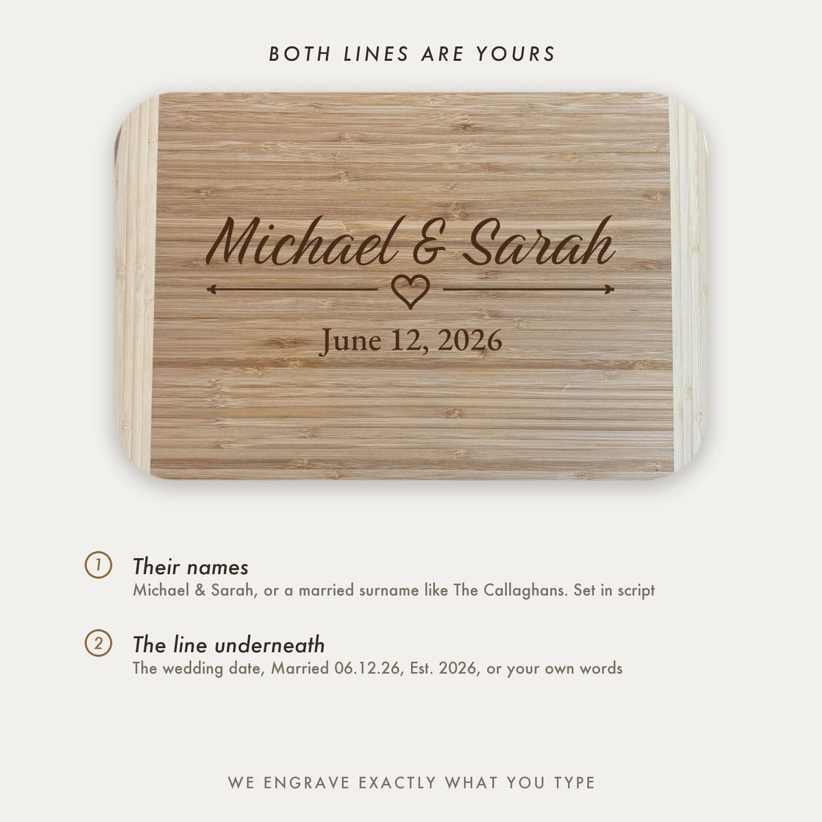 Personalization guide for the wedding cutting board showing the two engraved lines, the couple names in script and the customizable line underneath.
