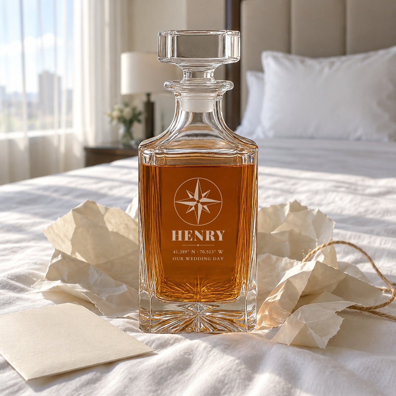 Gift for the groom from the bride just unwrapped from plain cream paper on a hotel bed, a decanter engraved Henry, Martha's Vineyard, Our Wedding Day