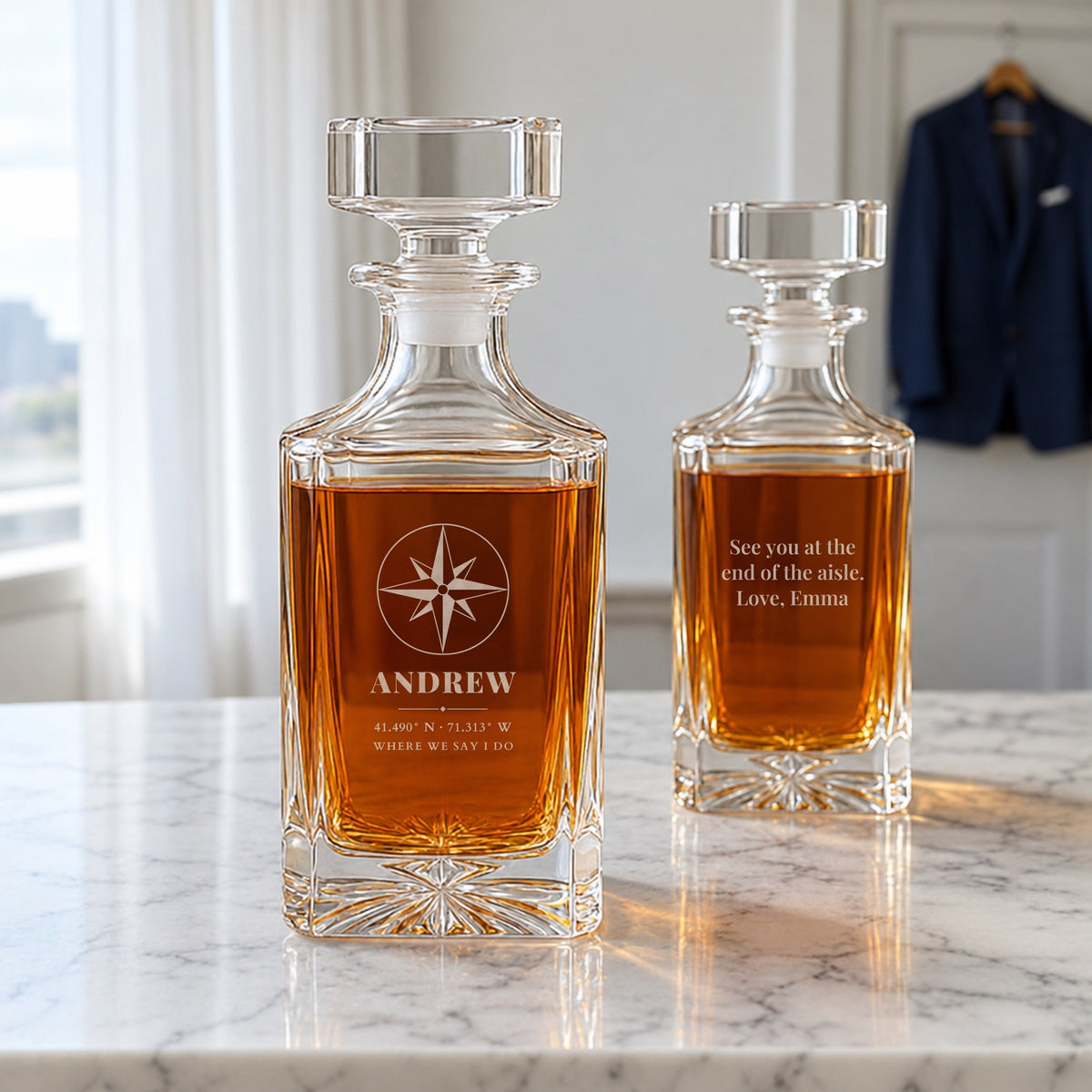 Gift for the groom from the bride: front and back of a personalized whiskey decanter engraved Andrew with Newport wedding coordinates and a love note