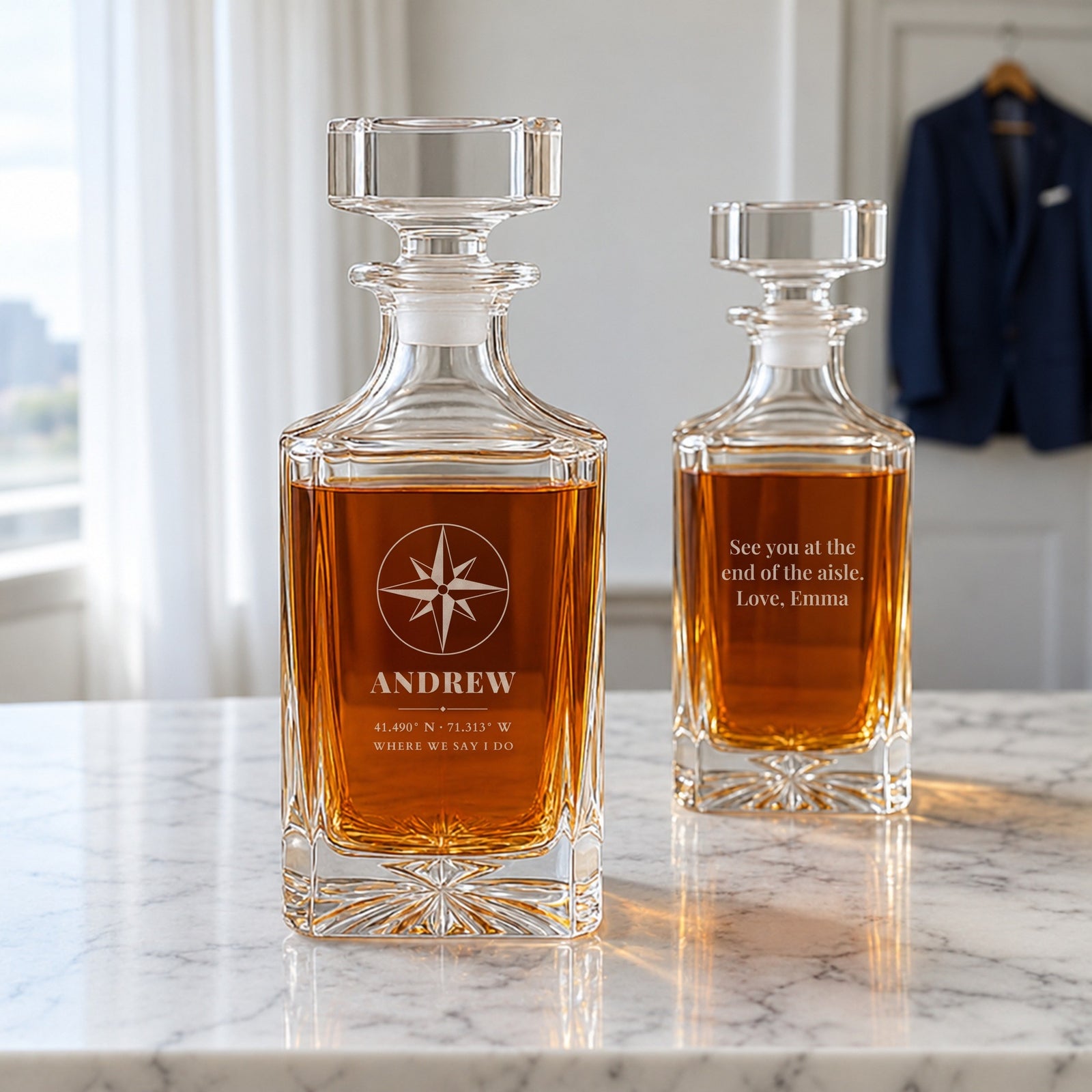 Gift for the groom from the bride: front and back of a personalized whiskey decanter engraved Andrew with Newport wedding coordinates and a love note