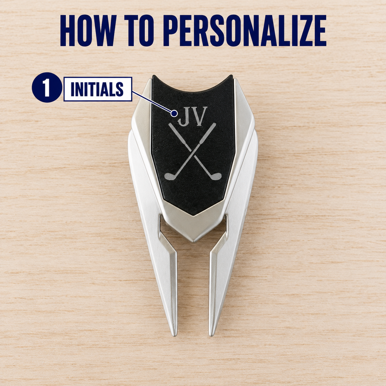 How to personalize the golf divot tool: add up to 3 initials and we engrave them above the crossed clubs on the ball marker