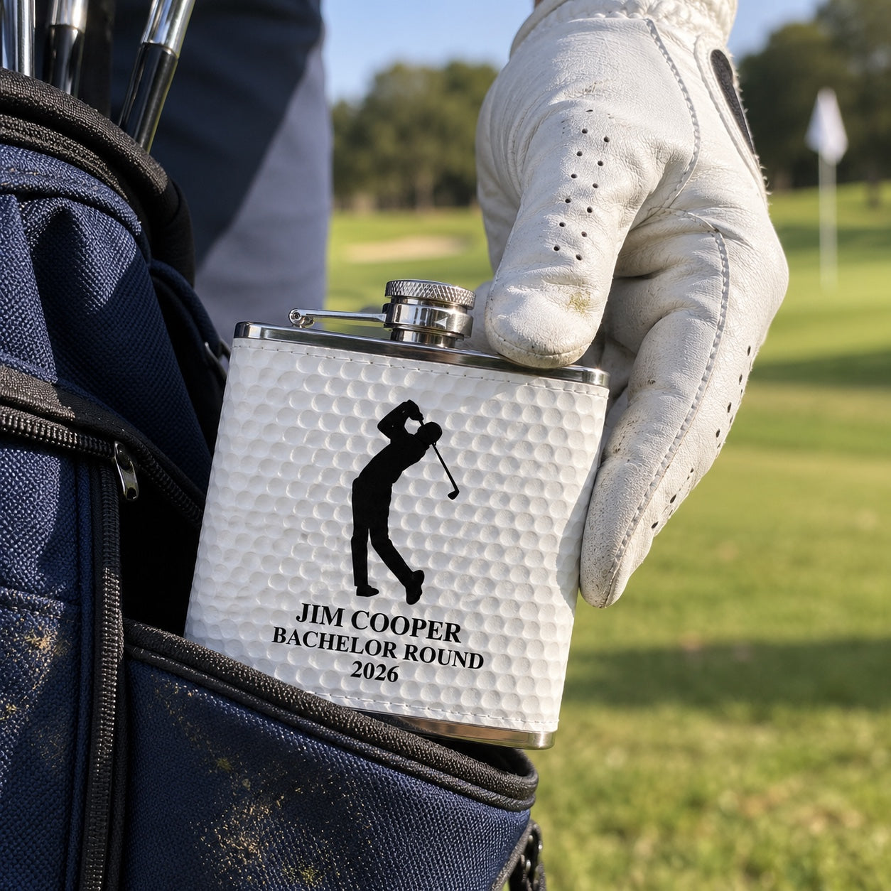 A golfer in a white glove pulls his golf ball flask engraved JIM COOPER BACHELOR ROUND 2026 out of his golf bag pocket on the course.