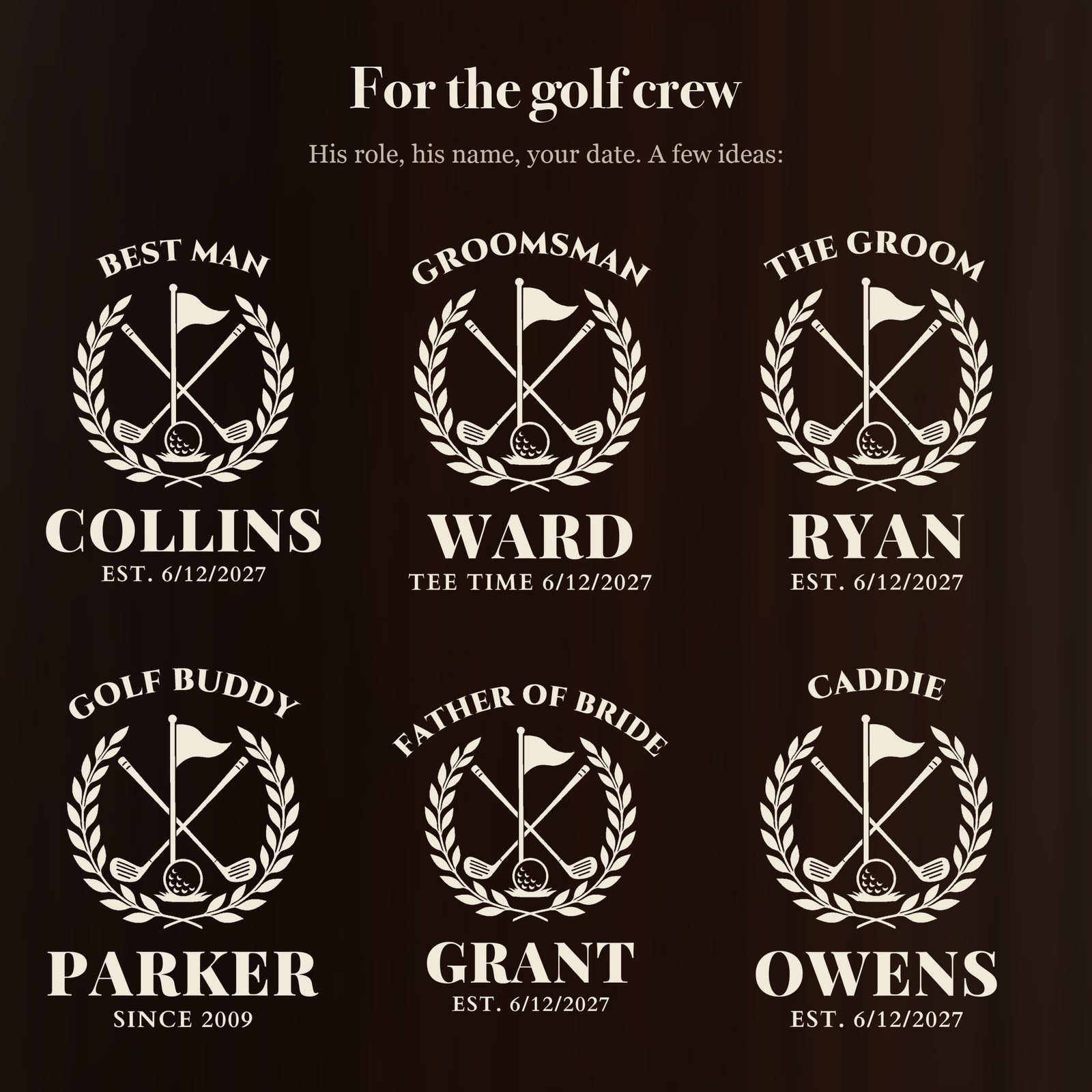 Six ways to engrave the golf groomsmen beer stein: Best Man Collins, Groomsman Ward, The Groom Ryan, Golf Buddy Parker and more