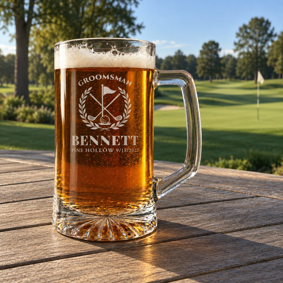 Personalized golf groomsmen beer stein in a real setting, engraved with a golf flag, crossed clubs and laurel: Groomsman, Bennett, Pine Hollow 9/18/2027